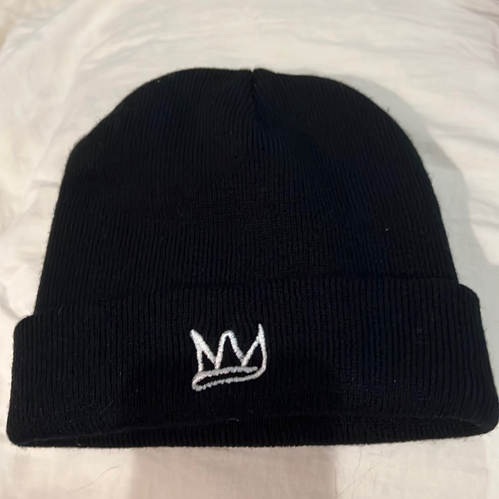 Black knit beanie with embroidered crown